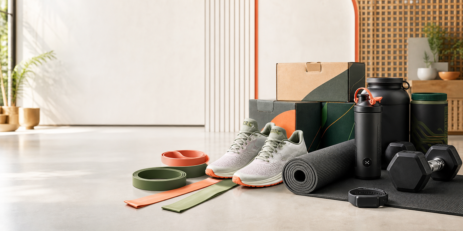 Fitness products arranged for an ecommerce launch